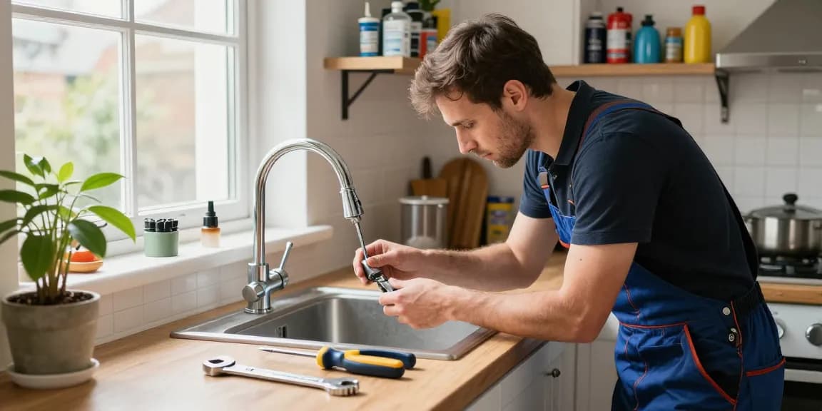 Expert handyman services in London, fixing a kitchen faucet with professional tools and warm light.