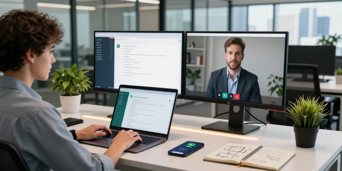 Downloading WhatsApp下載 in a modern digital workspace with vibrant greenery and dynamic tech setup.